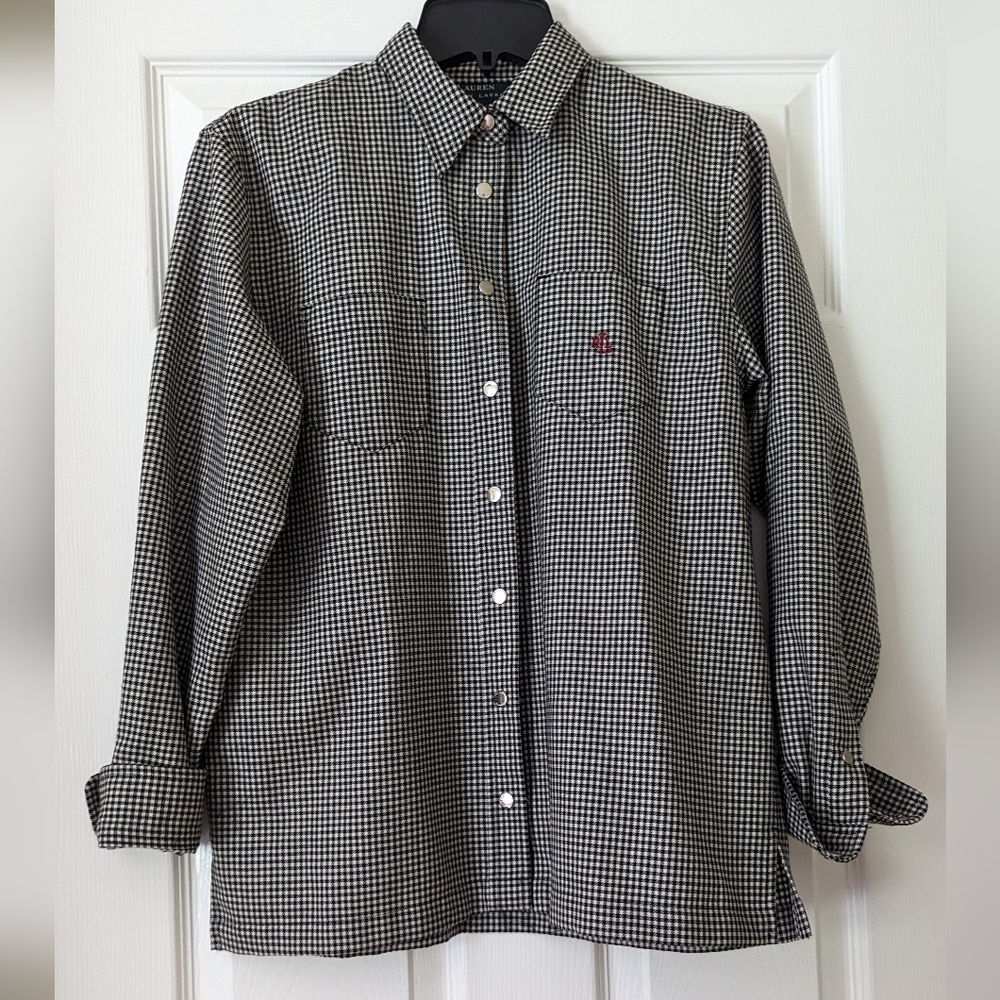 Lauren By Ralph Lauren Wool Houndstooth Button Down Shirt Small